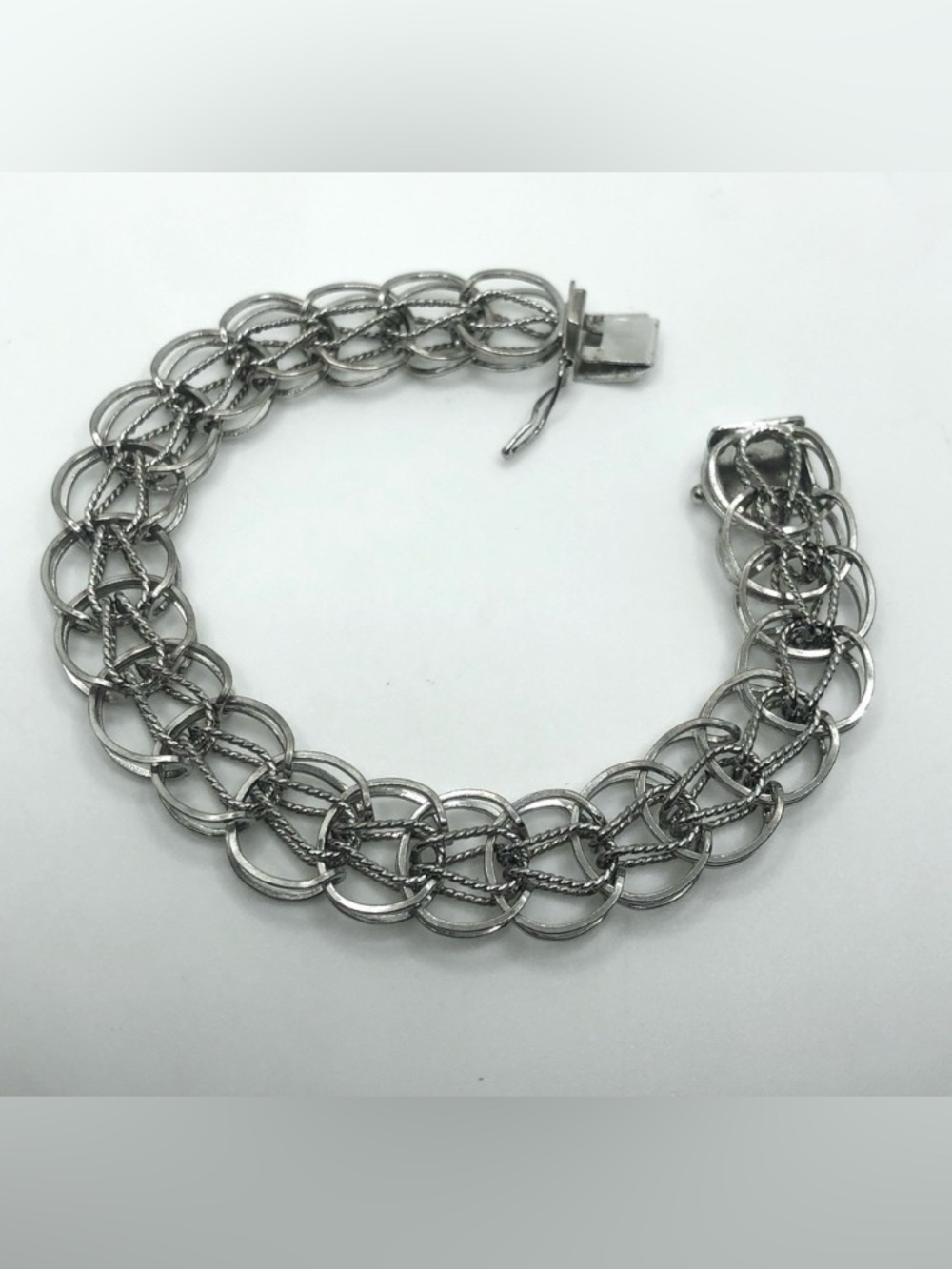 VTG Sterling Silver Woven Link Charm Bracelet Sliding Clasp 7.5” L / .5” W / 17g
